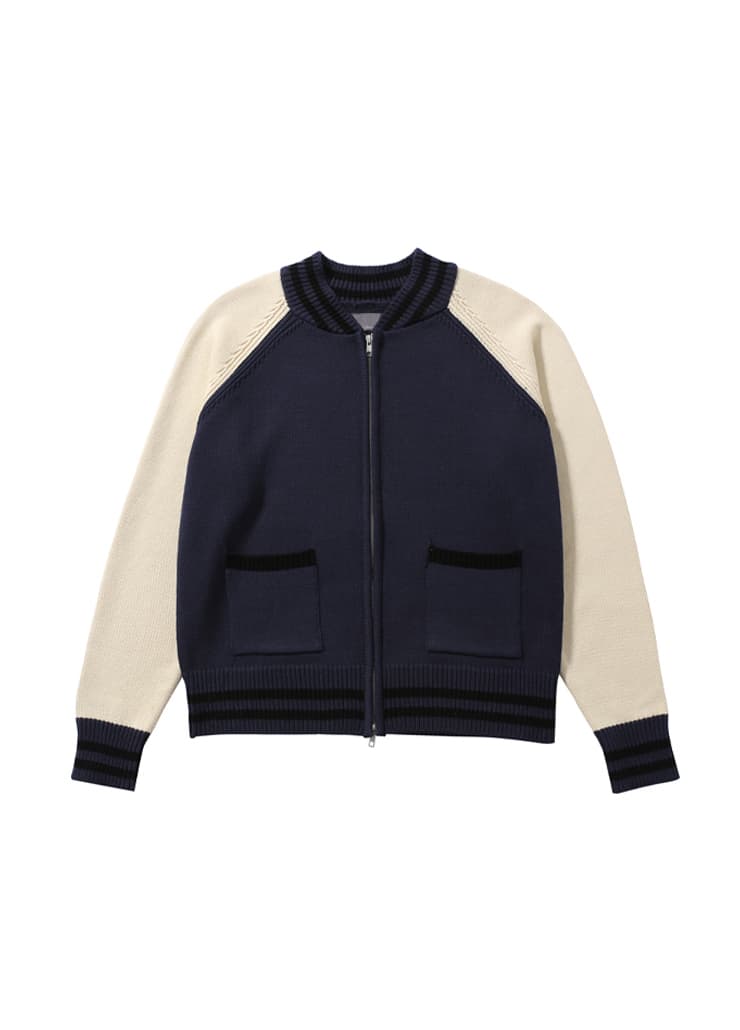 BASEBALL KNIT ZIP UP CARDIGAN (NAVY & IVORY)