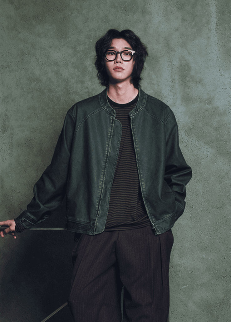 NONCOLLAR WASHED RIDER JACKET (BLACK BROWN)