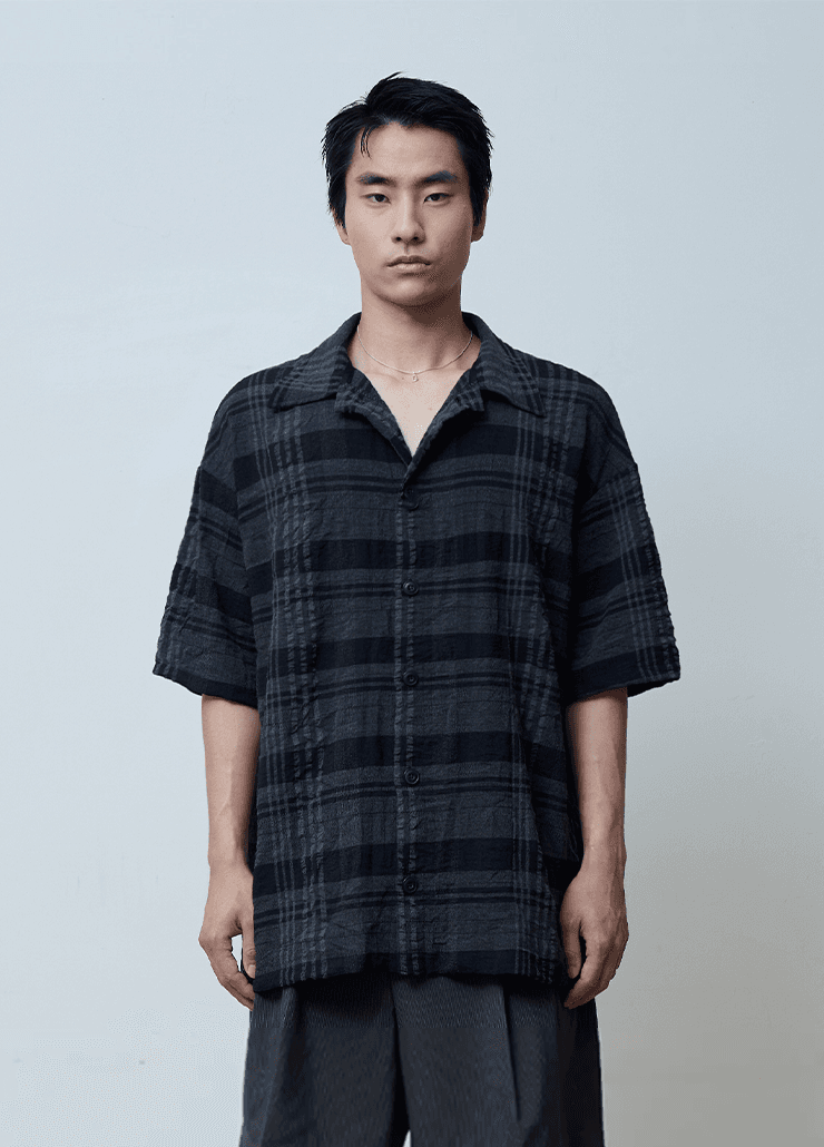WRINKLE HALF SLEEVE COLLAR CARDIGAN (BLACK CHECK)