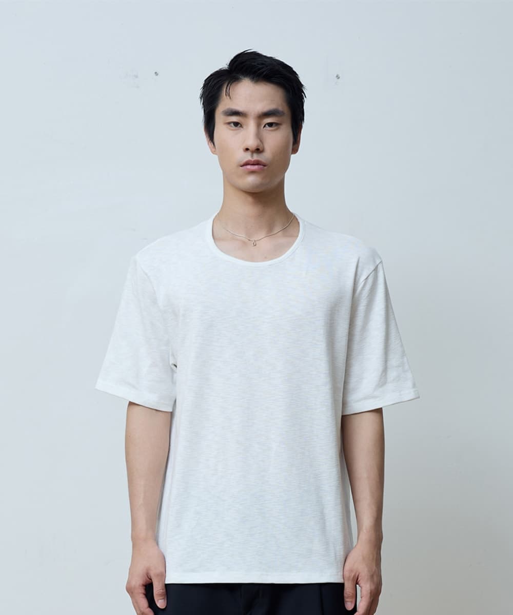 SLUB U-NECK HALF T-SHIRTS (WHITE)