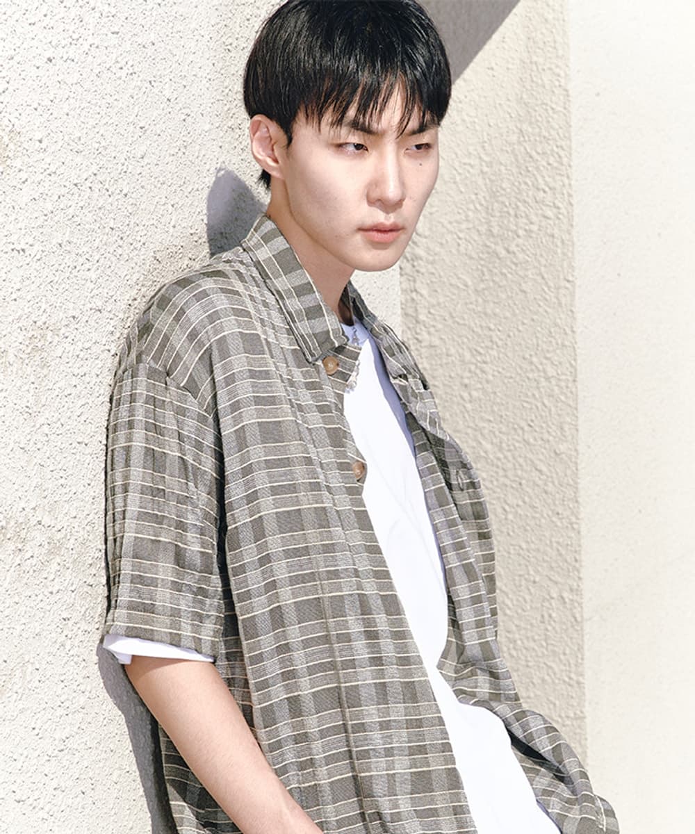 WRINKLE HALF SLEEVE COLLAR CARDIGAN (OLIVE CHECK)