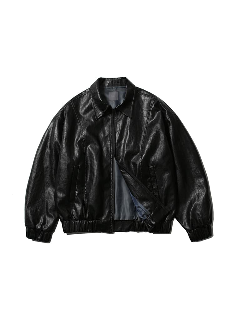 CURVED COLLAR BLOUSON (BLACK ECO LETHER)
