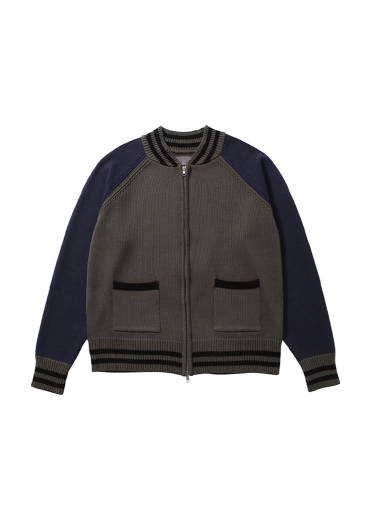 BASEBALL KNIT ZIP UP CARDIGAN (OLIVE & NAVY)