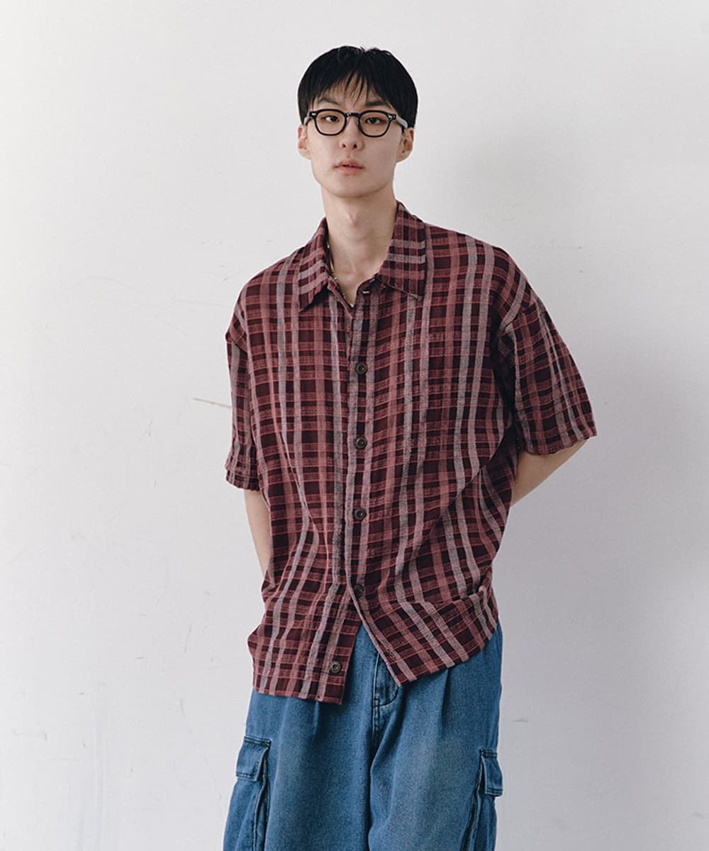 WRINKLE HALF SLEEVE COLLAR CARDIGAN (RED CHECK)