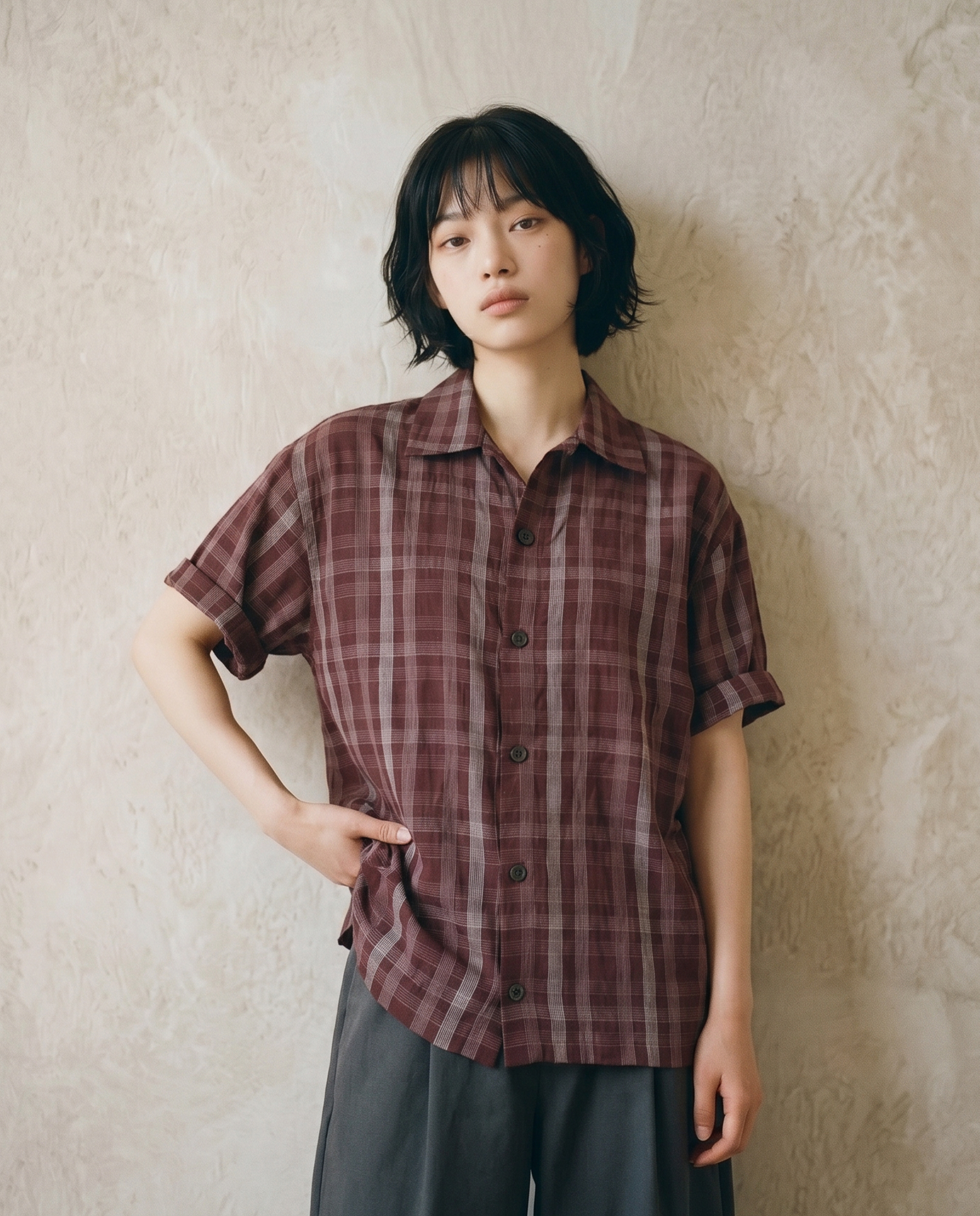 WRINKLE HALF SLEEVE COLLAR CARDIGAN (RED CHECK)