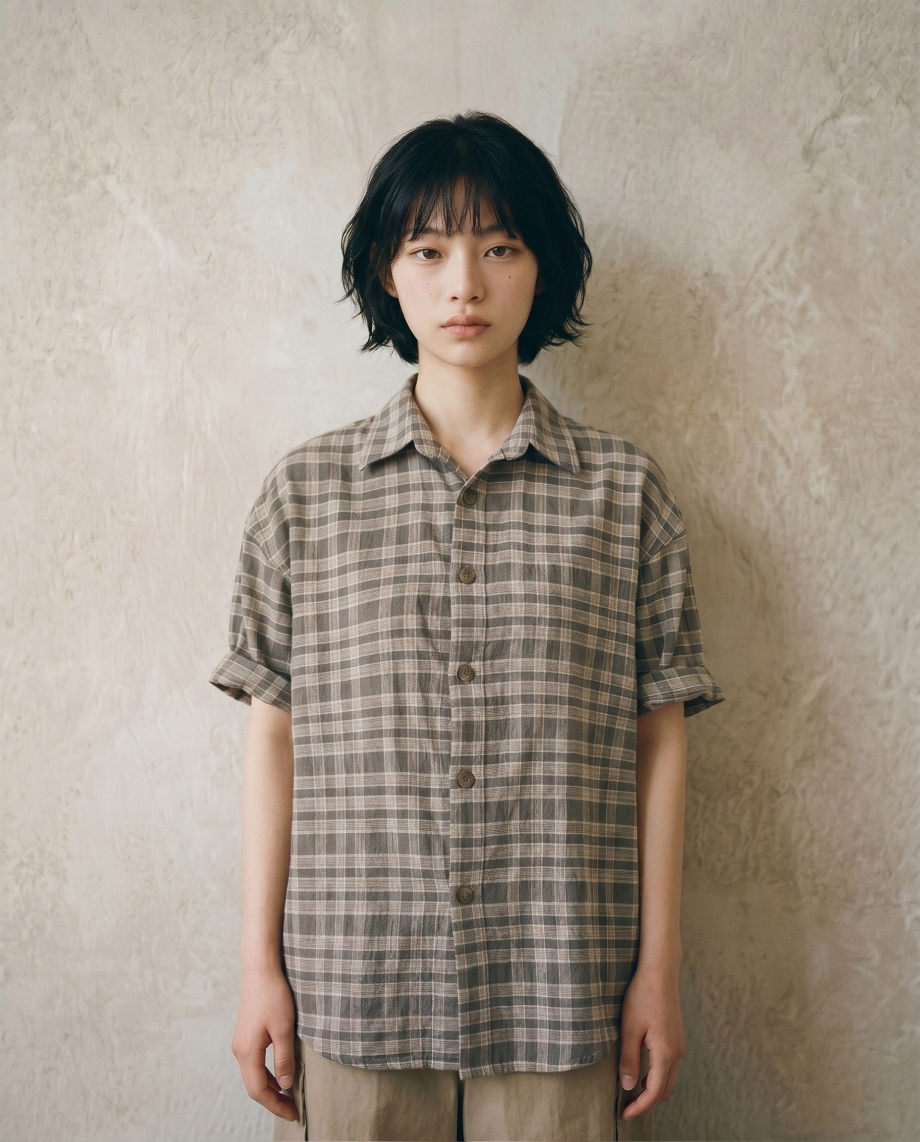 WRINKLE HALF SLEEVE COLLAR CARDIGAN (OLIVE CHECK)