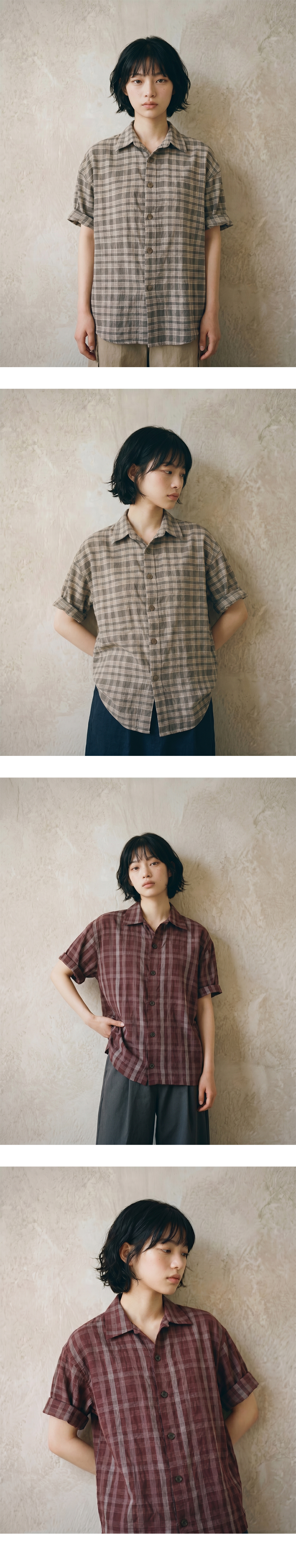 WRINKLE HALF SLEEVE COLLAR CARDIGAN (RED CHECK) her