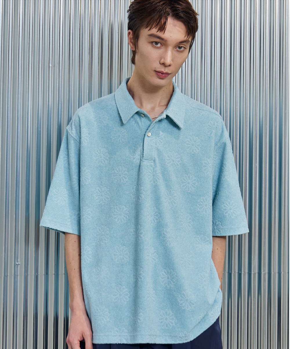 FLOWER TERRY COLLAR T-SHIRT (CYAN BLUE)