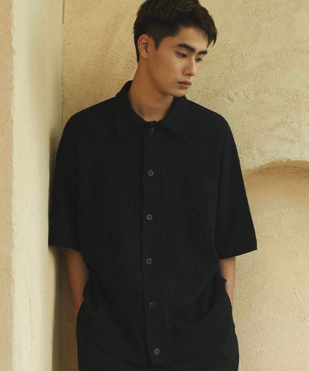 NET HALF SLEEVE COLLAR CARDIGAN (BLACK)