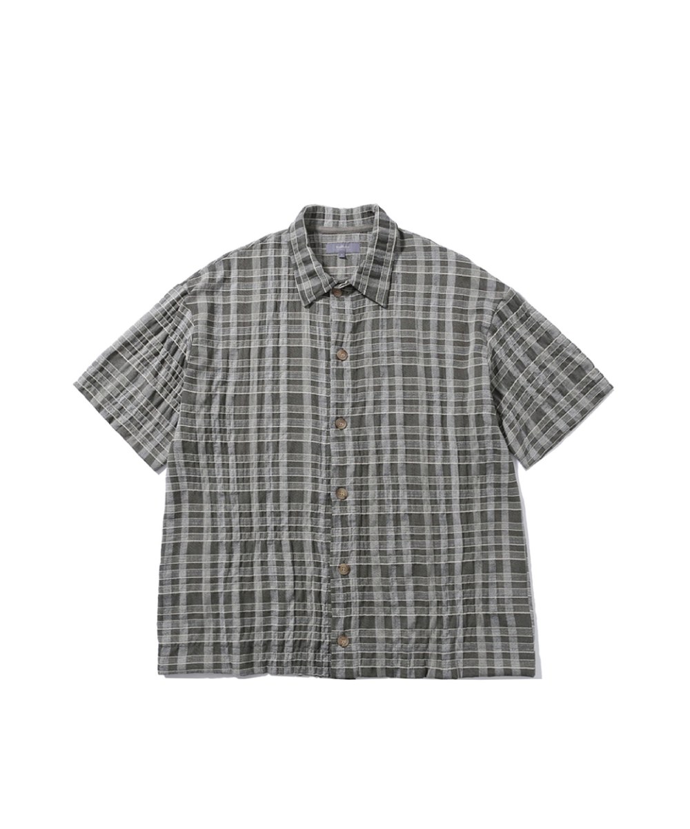 WRINKLE HALF SLEEVE COLLAR CARDIGAN (OLIVE CHECK)